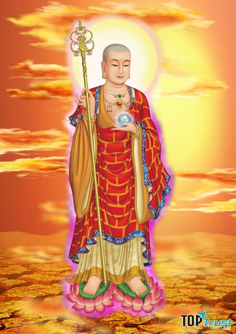 Bồ Tát Địa Tạng tay trái cầm viên châu, tay phải cầm tích trượng đứng trên hoa sen