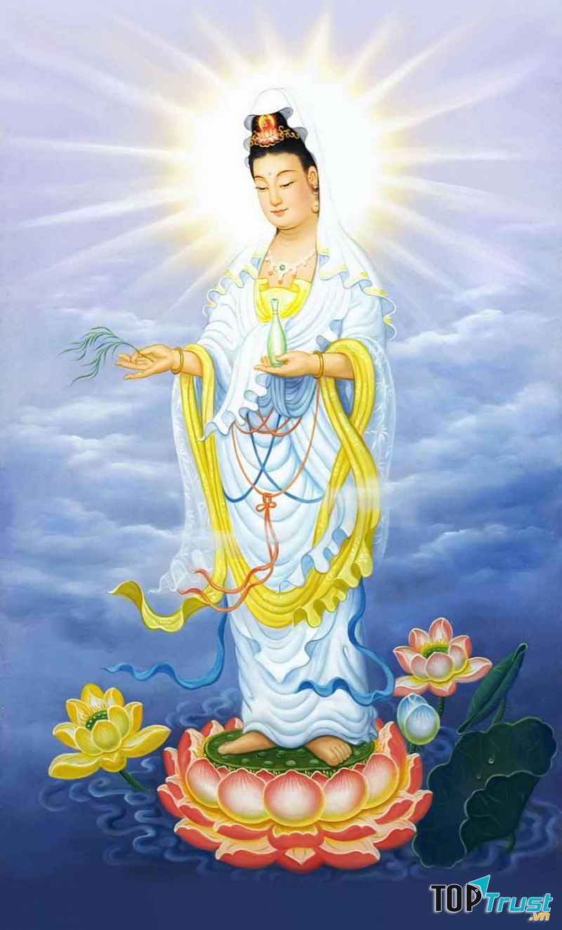 Bồ Tát Quán Thế Âm-hai tay cầm bình nước Cam Lồ và nhành dương liễu quen thuộc