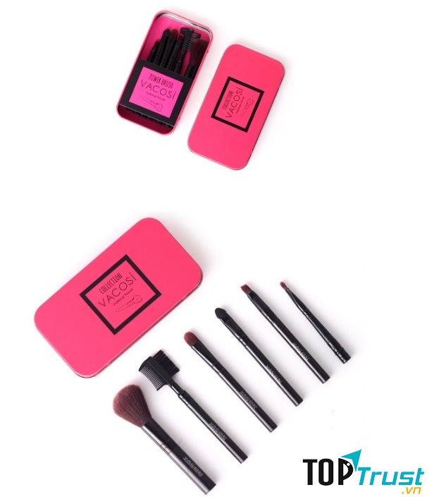 Bộ cọ trang điểm hộp sắt màu hồng Vacosi Collection Make Up House