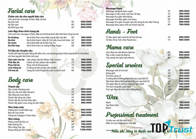 Bảng giá tại Bông Spa