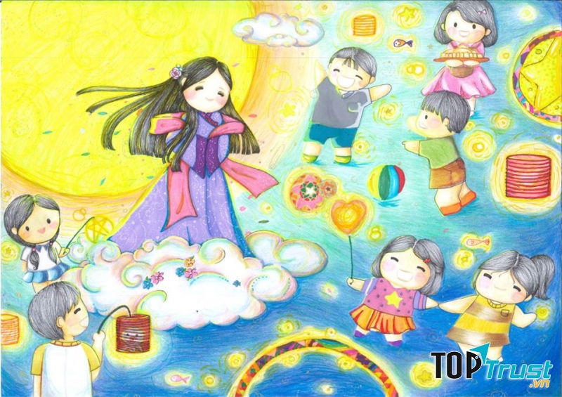 Bức tranh vẽ trung thu: Chị Hằng và các bạn nhỏ