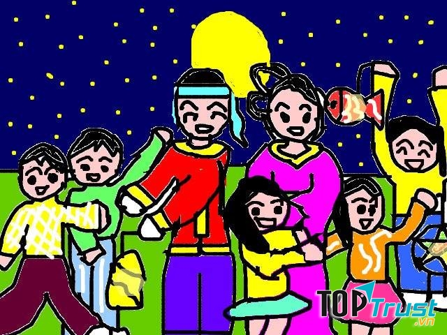 Bức tranh vẽ trung thu: Chơi trung thu cùng chị Hằng - chú Cuội