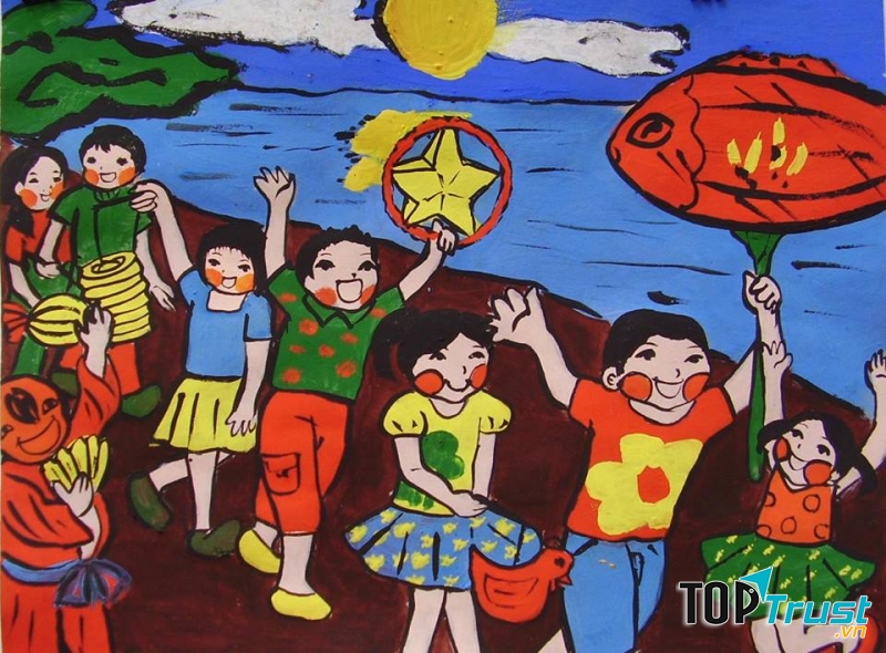 Bức tranh vẽ trung thu: Đêm trăng rước đèn