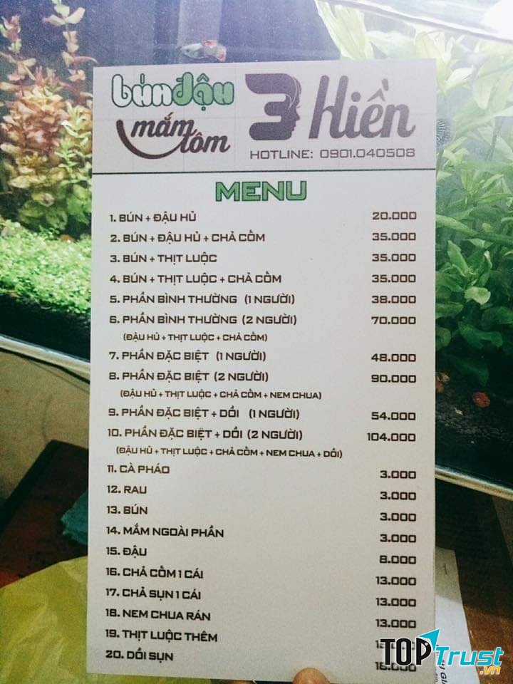 Menu Quán bún đậu 3 Hiền