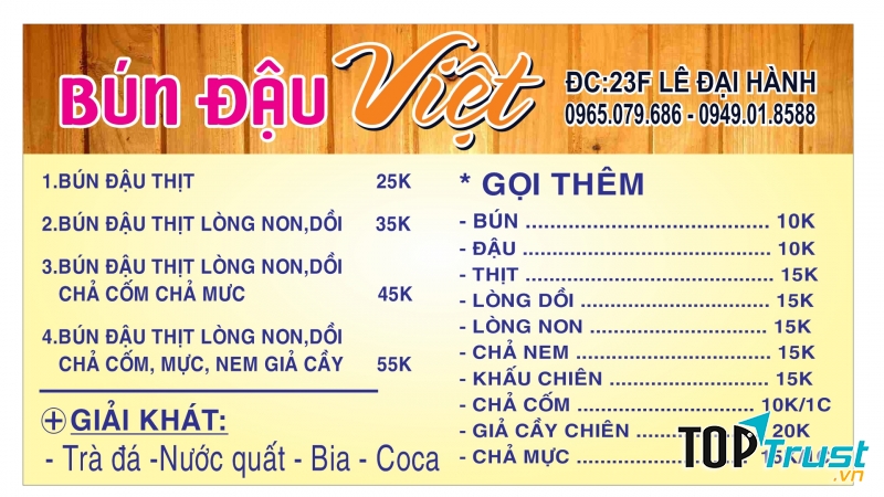 Menu chi tiết của quán