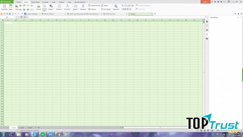 Nhấn tổ hợp phím Ctrl + A để chọn toàn bộ khu vực bảng tính (hoặc các khu vực chứa dữ liệu)