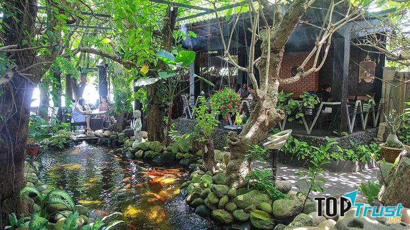 Cafe Amazon với vườn vây xanh mát và hồ cá Koi đủ màu sắc