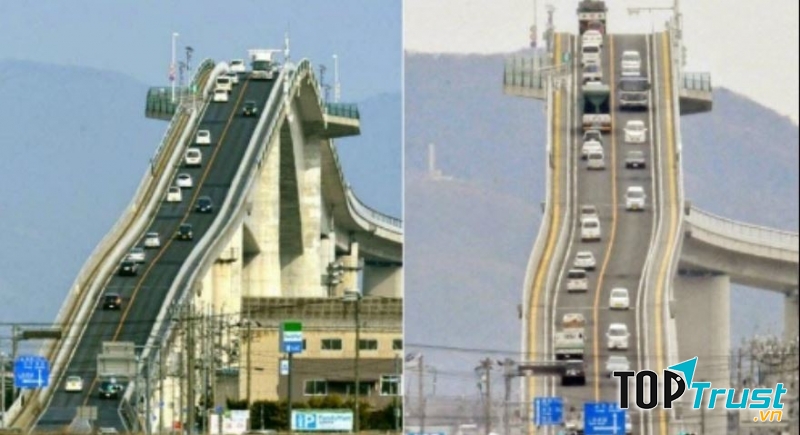 Cây cầu khi được chụp từ xa dễ gây cho du khách cảm giác lo sợ về độ dốc gần như thẳng đứng