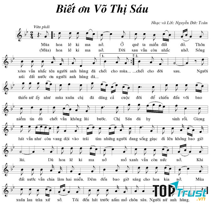 Ví dụ về bài hát Biết ơn Võ Thị Sáu