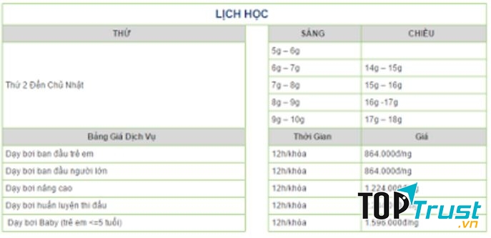 Bảng giá học phí bơi tại Câu lạc bộ Yết Kiêu