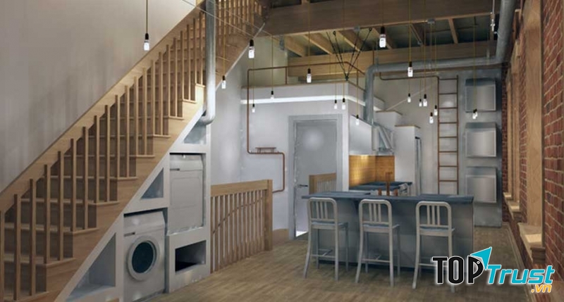 Gầm cầu thang tận dụng chứa đồ trong bếp