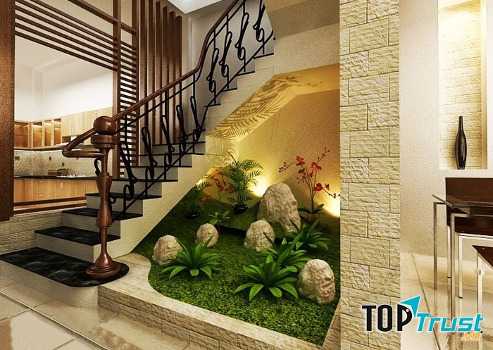 Cầu thang kết hợp tiểu cảnh cho ngôi nhà bạn thêm sang trọng