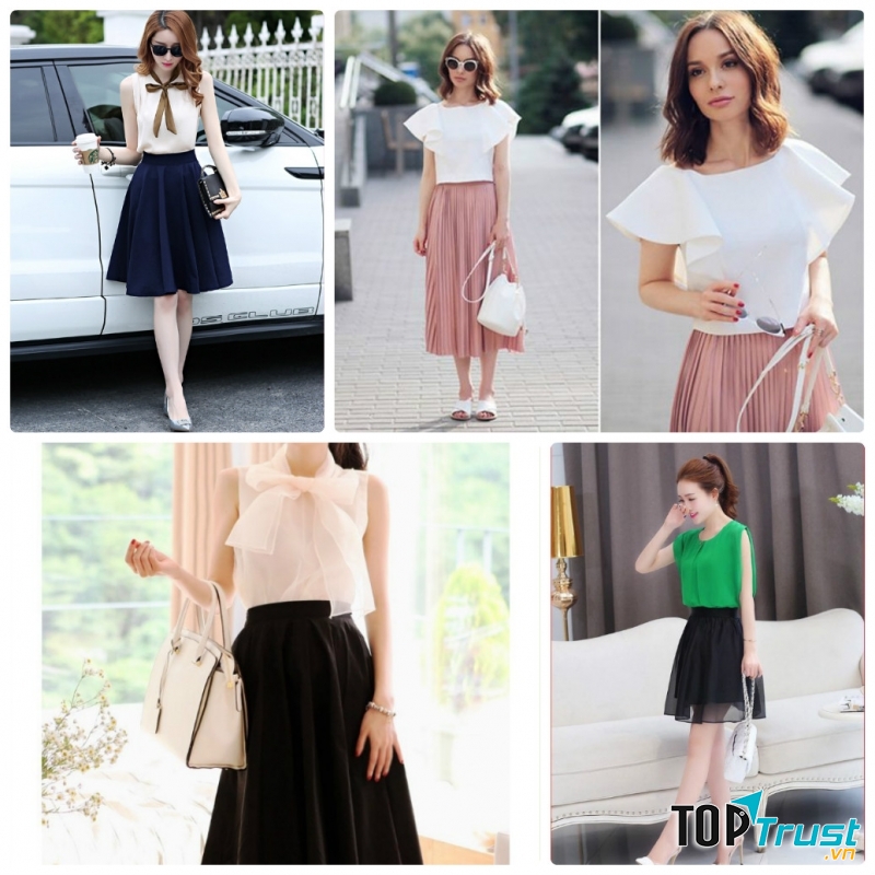 Chân váy kết hợp với áo chất liệu nhẹ