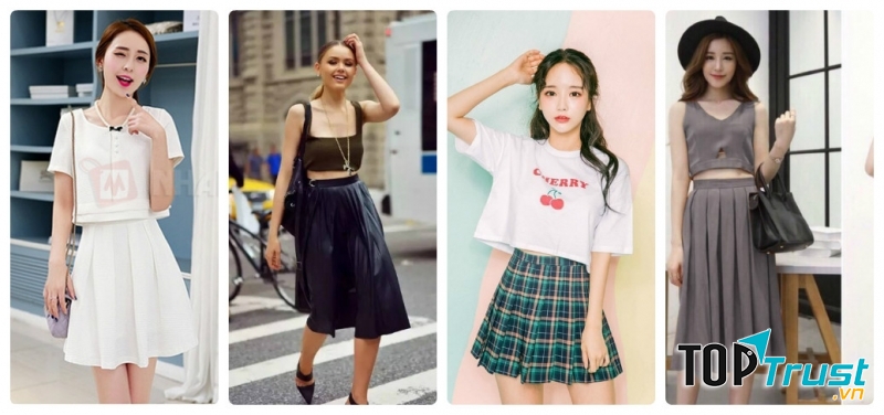Chân váy xếp ly kết hợp với áo crop top