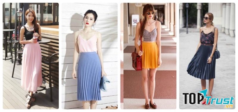 Chân váy xếp ly kết hợp với áo hai dây