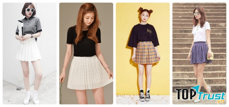 Chân váy xếp ly với áo phông.