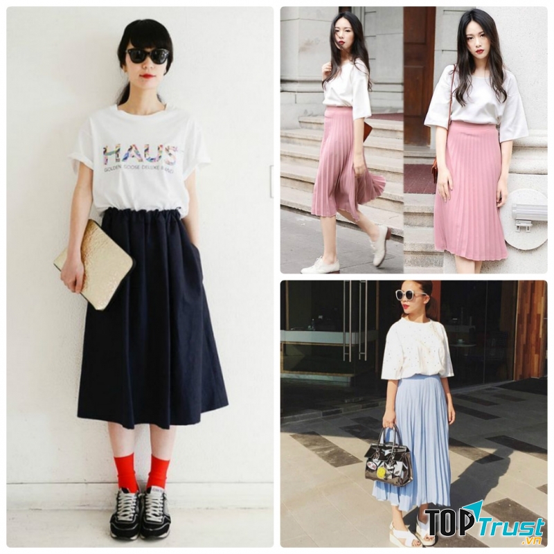 Chân váy xếp ly với áo phông.