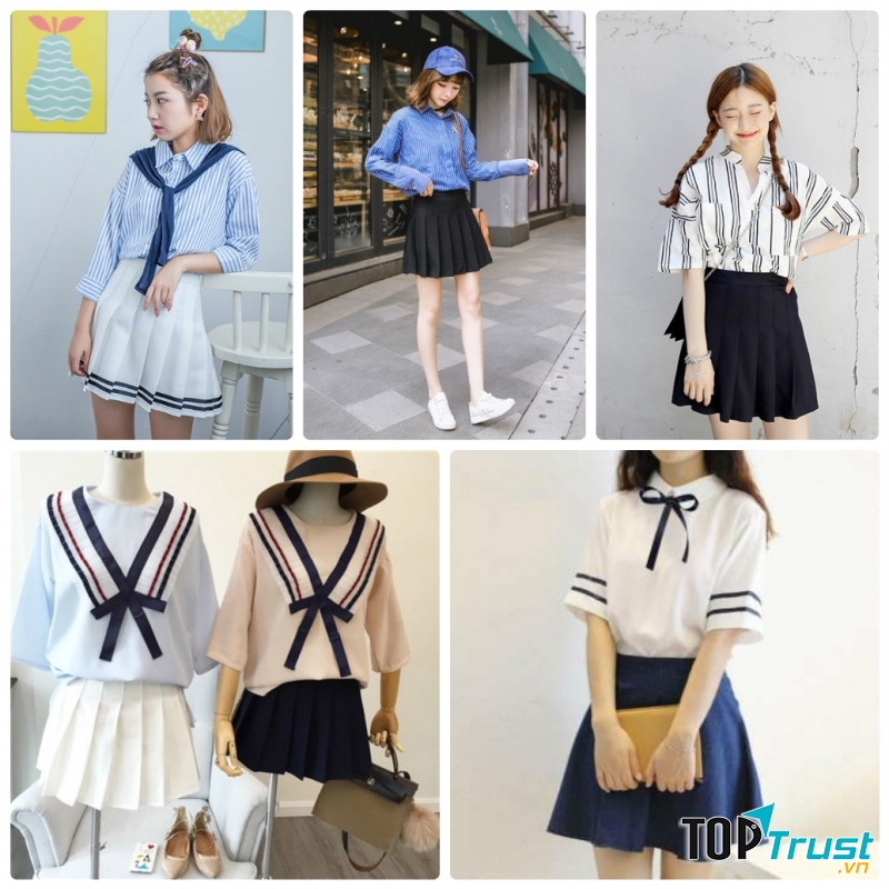 Váy xếp ly cùng áo sơ mi.