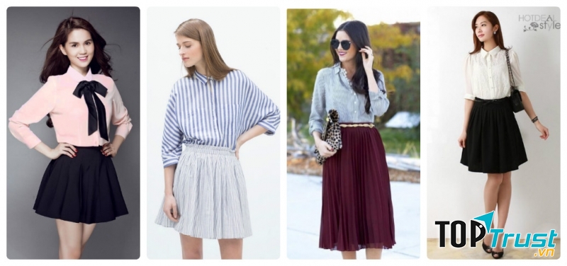 Váy xếp ly cùng áo sơ mi.
