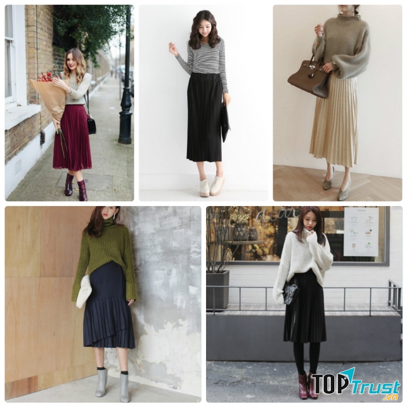 Váy xếp ly cùng áo tay dài