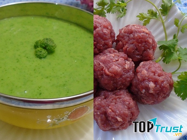 Cháo thịt bò súp lơ xanh.