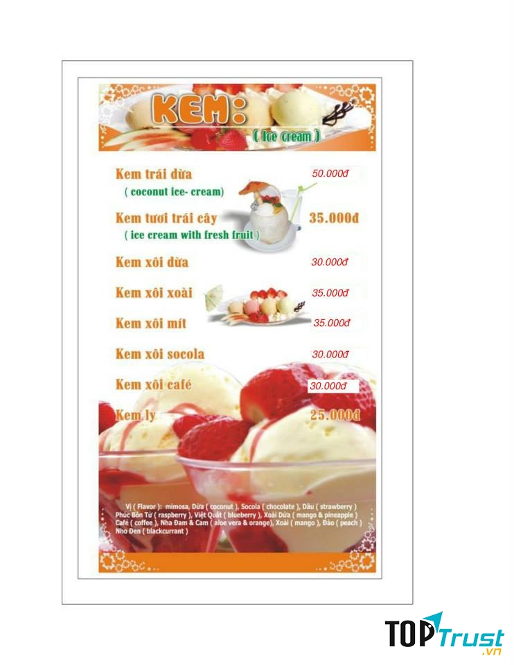 Menu kem tại Chè Hoa Phượng