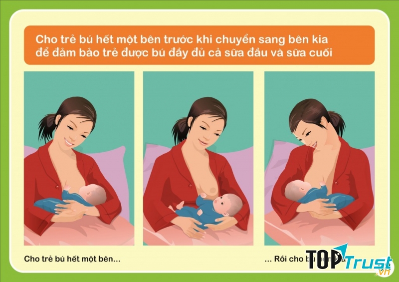 Mẹ nên cho trẻ bú hết một bên trước khi chuyển sang bên kia để đảm bảo trẻ được bú đầy đủ sữa đầu và sữa cuối.