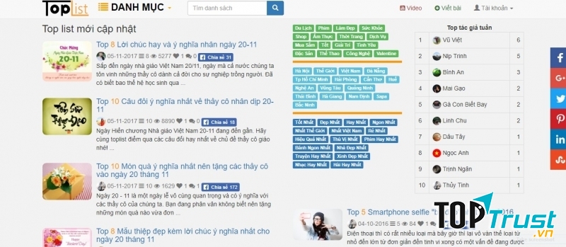 Hình ảnh trên trang tin của Toplist với nhiều bài viết có chủ đề đa dạng, các tag về các lĩnh vực khác nhau vô cùng phong phú