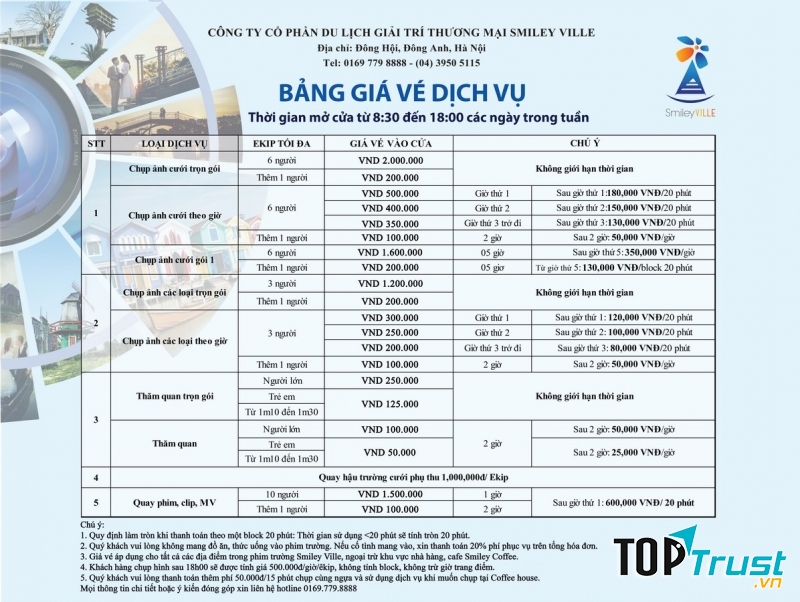 Bảng giá vé dịch vụ chi tiết của phim trường