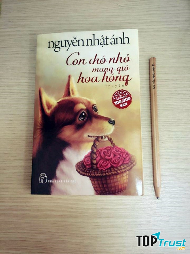 Con chó nhỏ mang giỏ hoa hồng