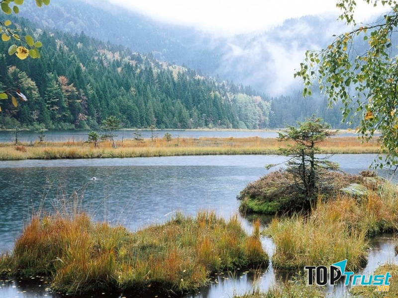 Hồ nước tự nhiên cùng đồi núi bao quanh khu rừng