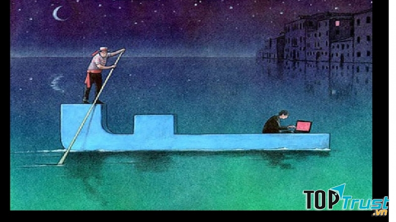 Con người đi du lịch, giải trí bằng cách lướt Facebook