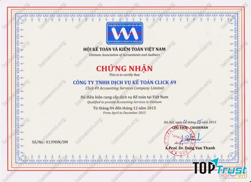 Chứng chỉ hành nghề của công ty TNHH dịch vụ kế toán Click 49