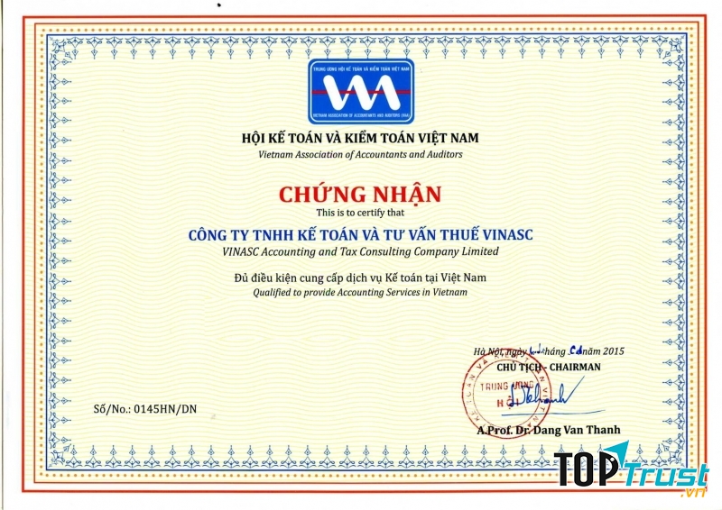 Giấy chứng nhận Công ty TNHH kế toán và tư vấn thuế VINASC