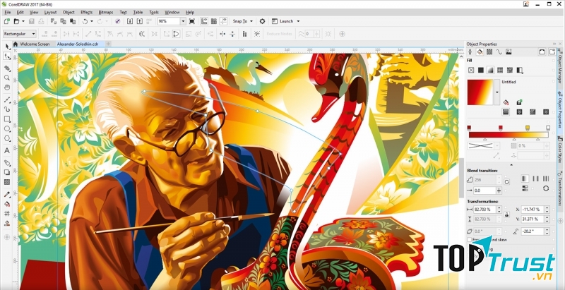 Giao diện Corel Draw và một bức tranh vẽ bởi Corel Draw