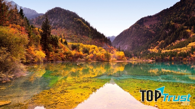 Cây cối đổi màu soi mình xuồng mặt sông trong vắt ở Cửu Trại Câu.