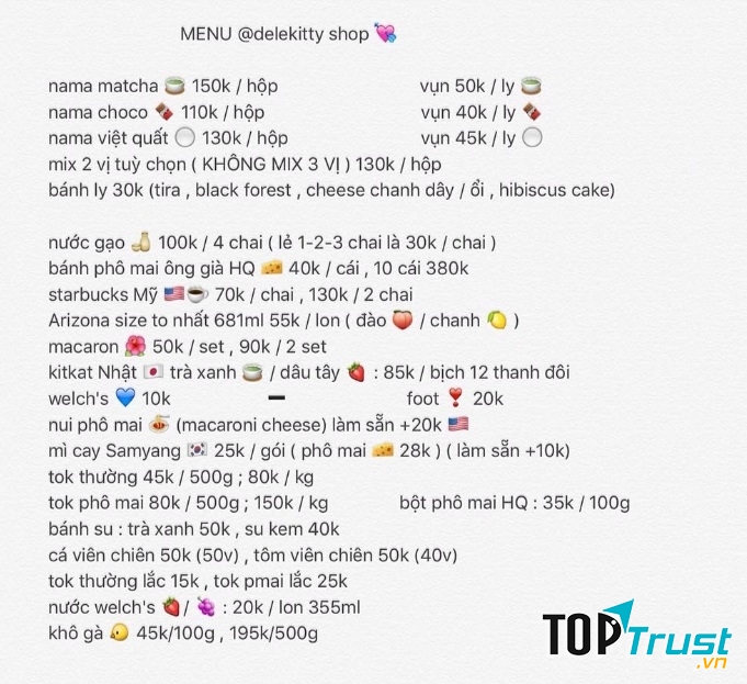 Menu tại Delekitty. Cửa hàng còn bán nama vụn cho những bạn muốn ăn thử với giá cực kì hạt dẻ