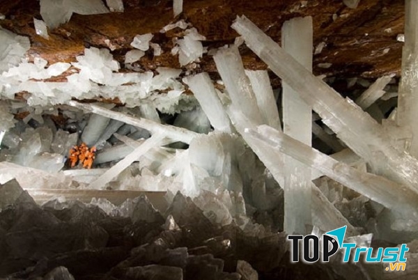 Những cột tinh thể CaSO4 như những thanh kiếm bạc lấp lánh