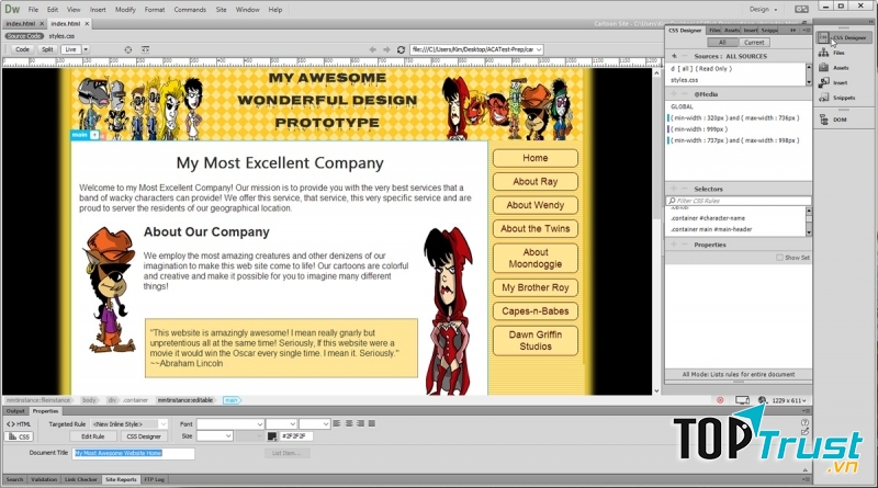 Giao diện của DreamWeaver đang thiết kế website