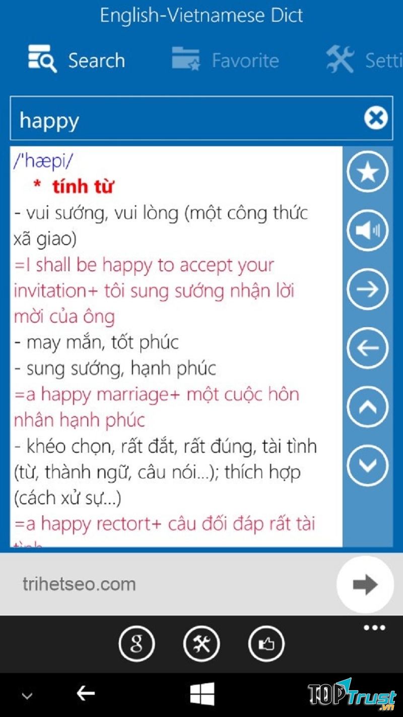 Giao diện từ điển English - Vietnamese Dict khi tra từ