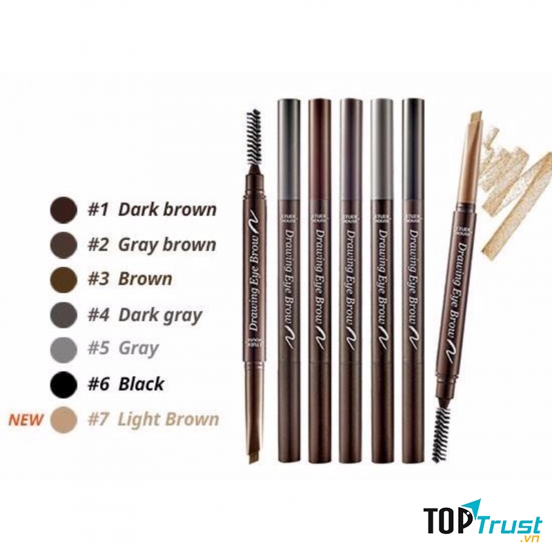 Etude House Drawing Eye Brow này có 2 đầu với 6 màu để bạn dễ dàng lựa chọn phù hợp vào màu da, màu tóc.
