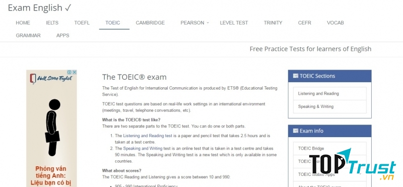 Đây là trang web cung cấp khá nhiều đề thi TOEIC thật ngoài đời để thí sinh có thể quen với dạng đề thi.