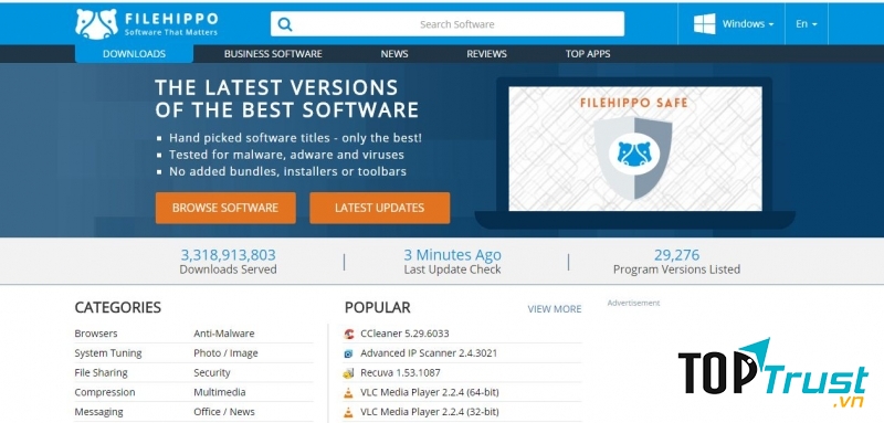 Giao diện trang web FileHippo.com