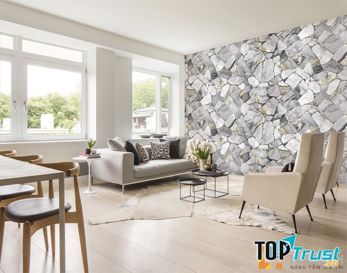 Chọn đá ốp tường phòng khách theo thứ tự ngẫu hứng sẽ là mảnh ghép hoàn hảo cho căn phòng đơn giản, hiện đại