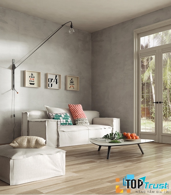 Họa tiết vân tuyết có các gam màu trung tính như: ghi, xám rất phù hợp để ốp phòng khách tạo nên không gian đơn giản, sang trọng