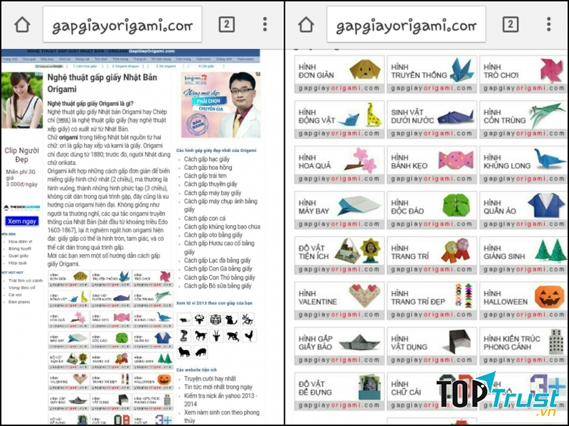 Trang chủ khá nhiều quảng cáo và những mẫu origami trên web