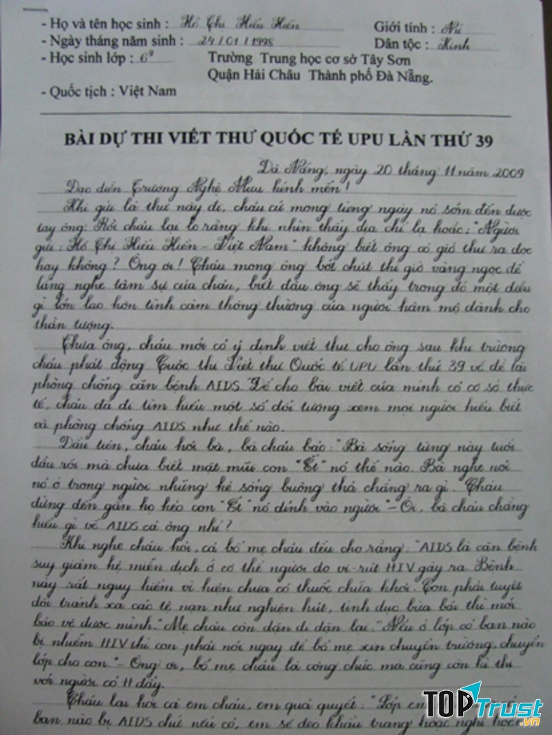 Bức thư đạt giải Nhất của Hồ Thị Hiếu Hiền