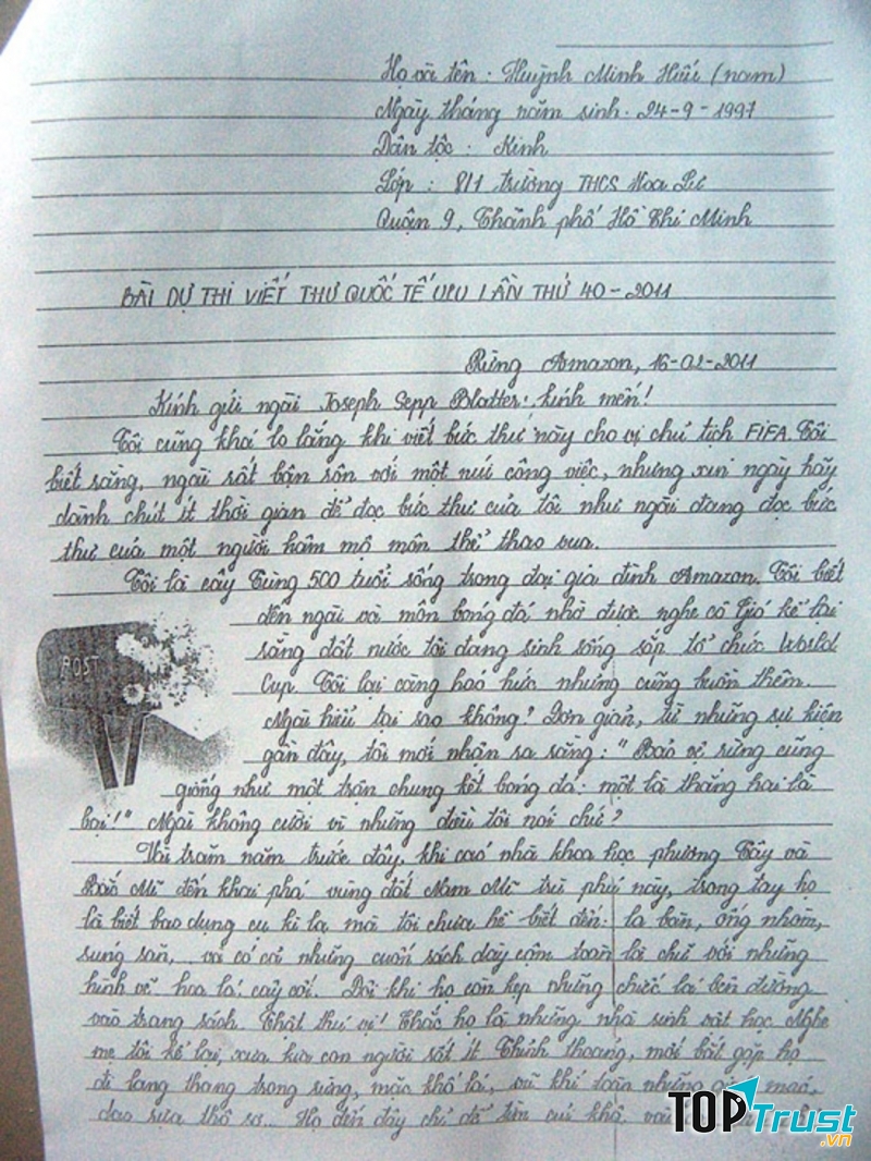 Bức thư đạt giải Nhất của Minh Hiếu