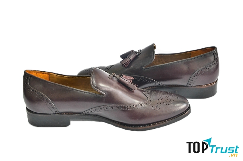 Giày lười nam James Blanc viền hoa da trơn có chuông màu nâu (JB-005