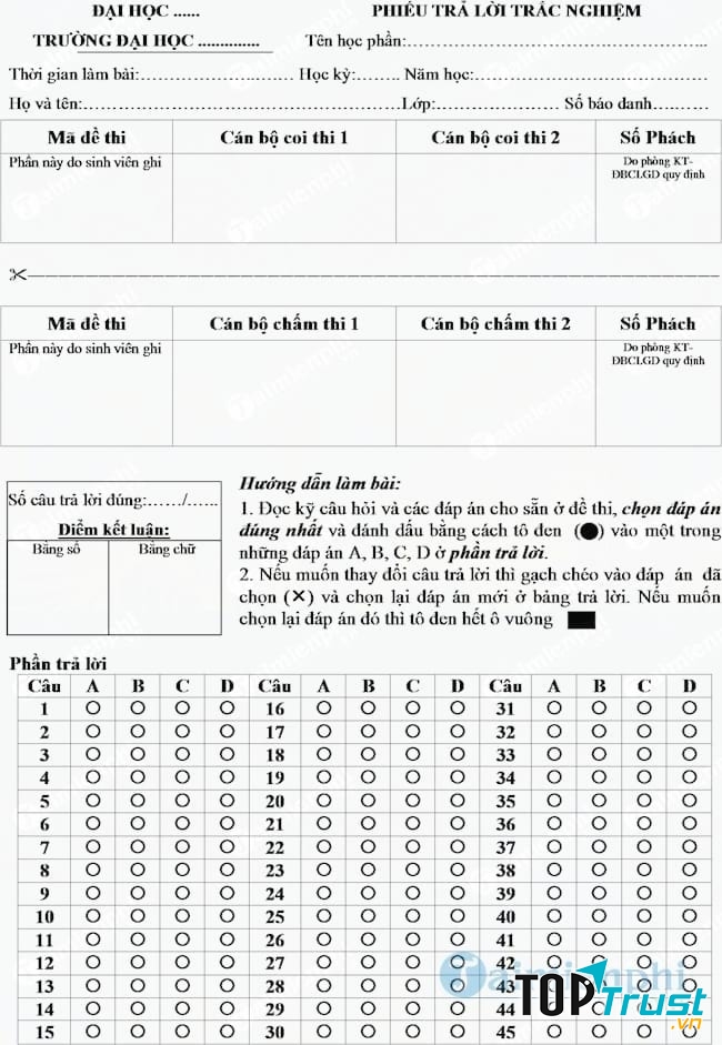 Giấy làm bài thi trắc nghiệm không để nhàu nát.